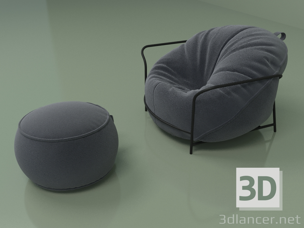 3D Modell Sessel Uni mit Pouf (dunkelblau) - Vorschau