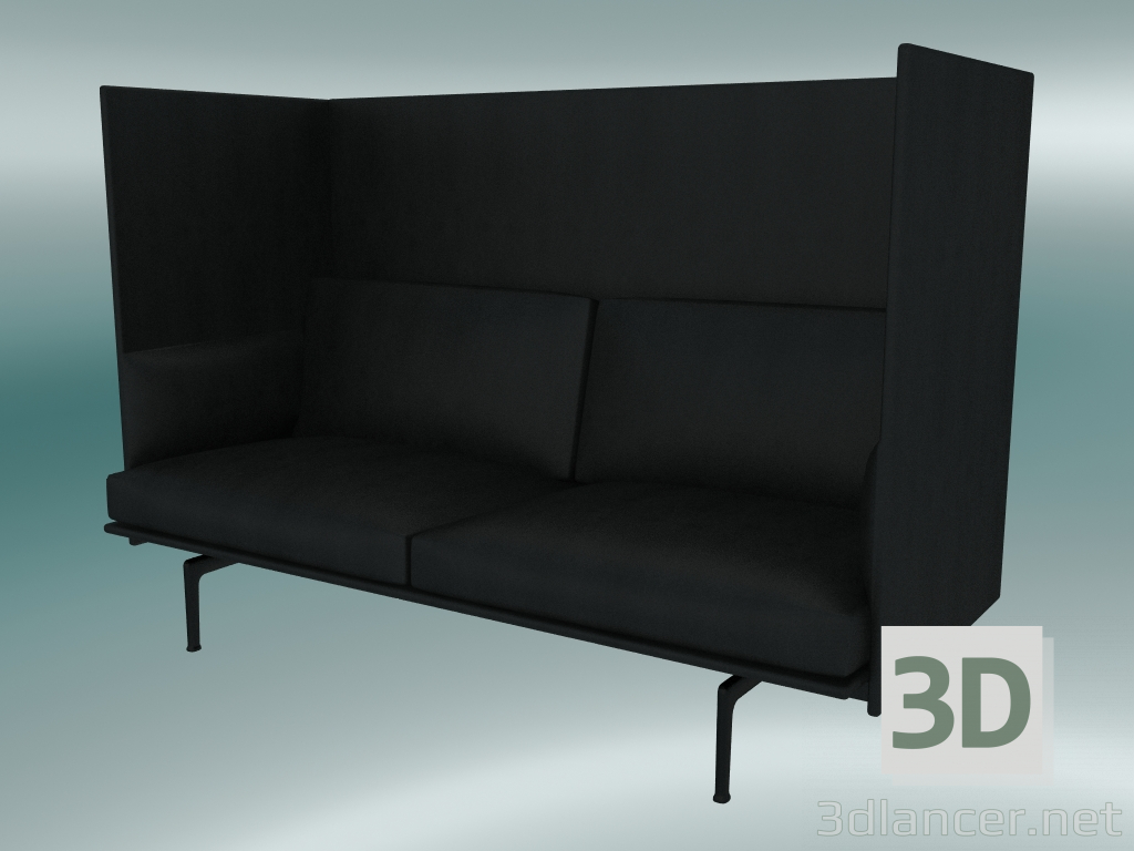 3 डी मॉडल डबल सोफा विथ हाई बैक आउटलाइन (रिफाइन ब्लैक लेदर, ब्लैक) - पूर्वावलोकन