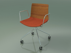 Chair 0457 (4 castors, with armrests, with seat cushion, teak effect)