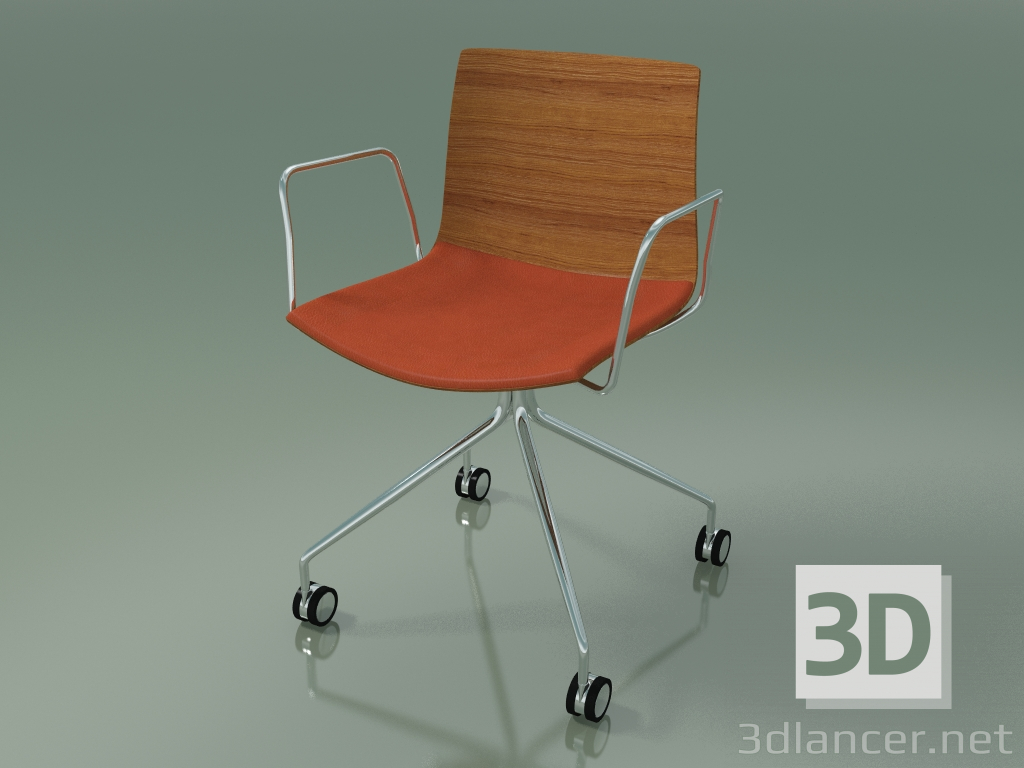 modèle 3D Chaise 0457 (4 roulettes, avec accoudoirs, avec coussin d'assise, effet teck) - preview