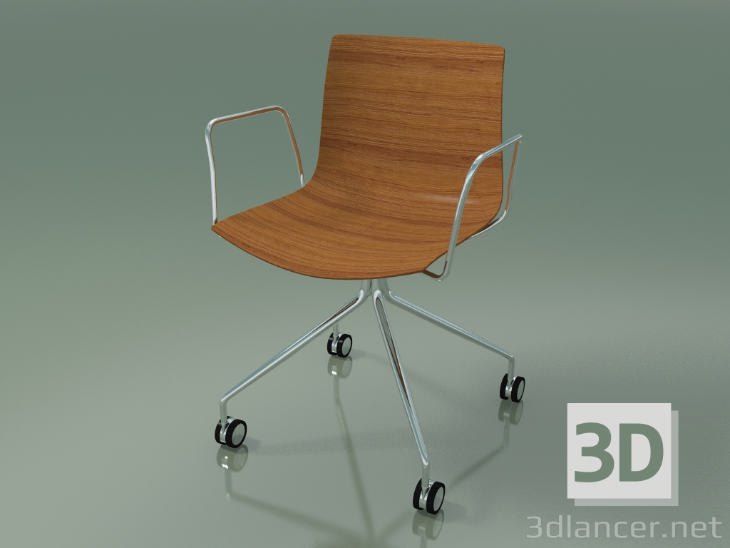 modèle 3D Chaise 0284 (4 roulettes, avec accoudoirs, sans rembourrage, effet teck) - preview