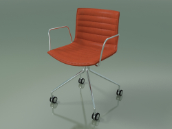 Cadeira 0315 (4 rodízios, com braços, com estofamento removível de couro com listras)