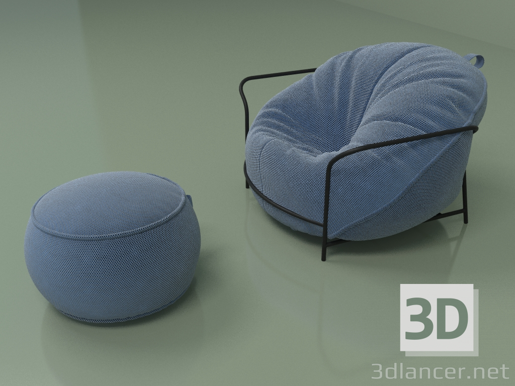 modèle 3D Fauteuil Uni avec pouf (bleu) - preview
