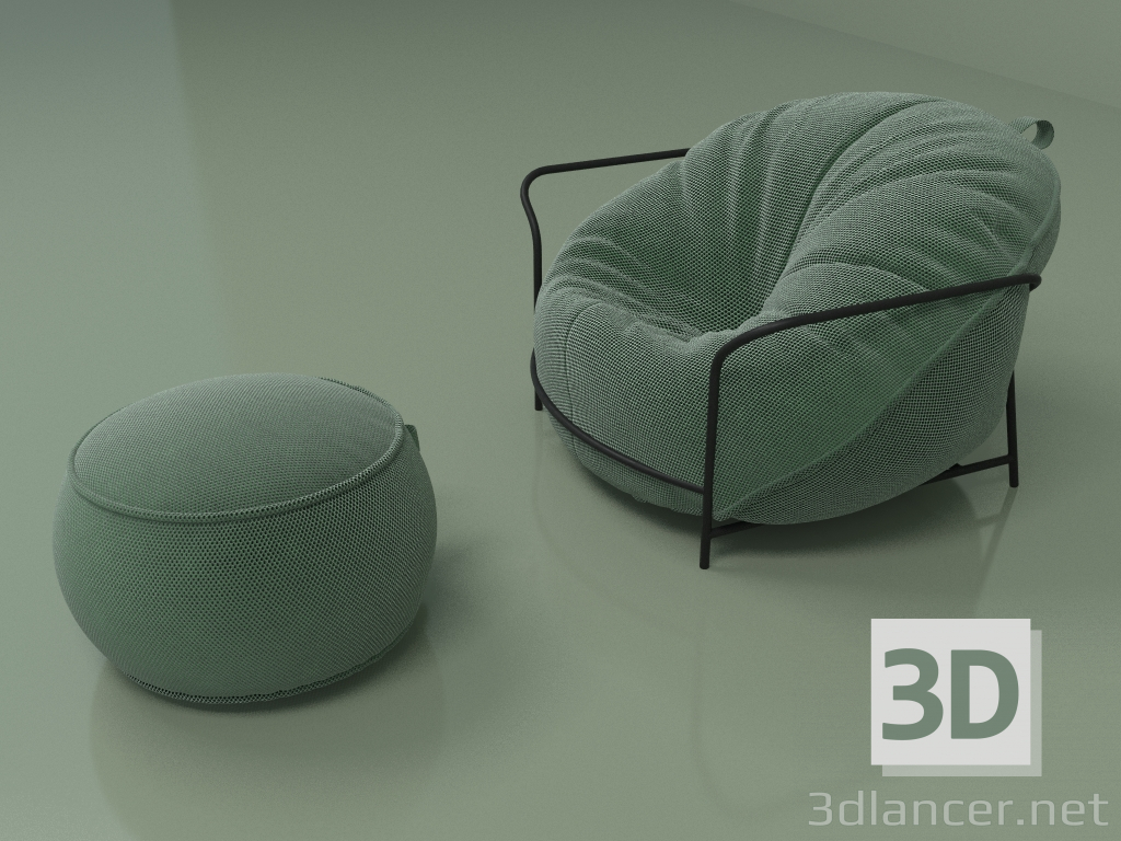 modèle 3D Fauteuil Uni avec tabouret rembourré (herbe) - preview