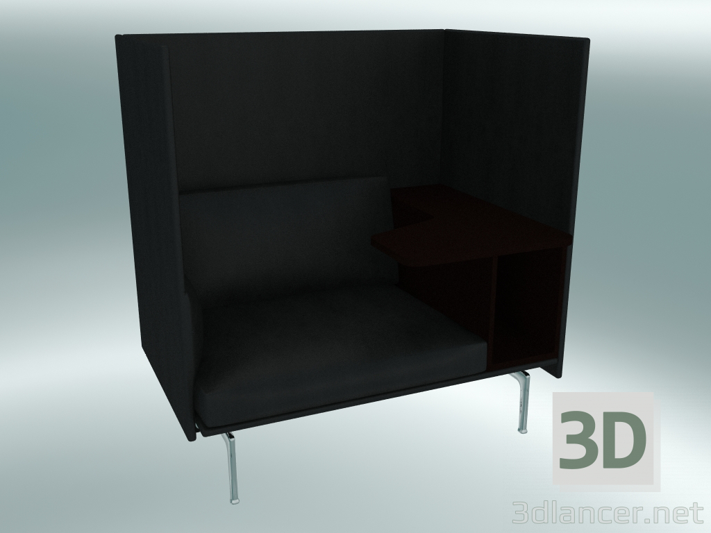 modèle 3D Chaise avec dossier haut et contour de table, droite (cuir noir raffiné, aluminium poli) - preview