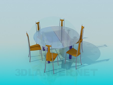 3d model Mesa de comedor redonda de vidrio y 6 sillas - vista previa