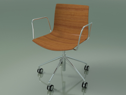 Chair 0291 (5 castors, with armrests, without upholstery, teak effect)