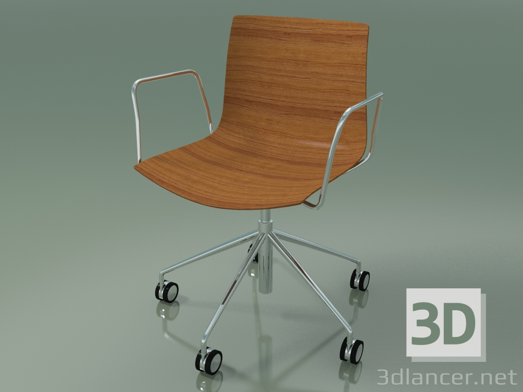 modèle 3D Chaise 0291 (5 roulettes, avec accoudoirs, sans rembourrage, effet teck) - preview