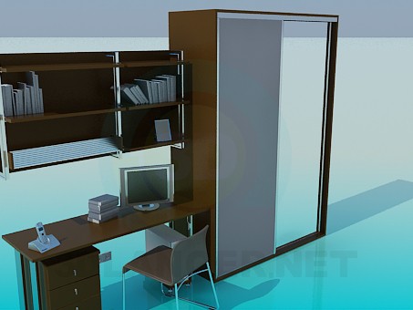 3d model A set of furniture: wardrobe, desk, shelves - preview 3d model A set of furniture: wardrobe, desk, shelves - preview