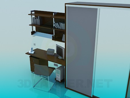 3d model A set of furniture: wardrobe, desk, shelves - preview 3d model A set of furniture: wardrobe, desk, shelves - preview