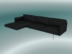 Sofá com chaise lounge Contorno, esquerdo (refinar couro preto, alumínio polido)