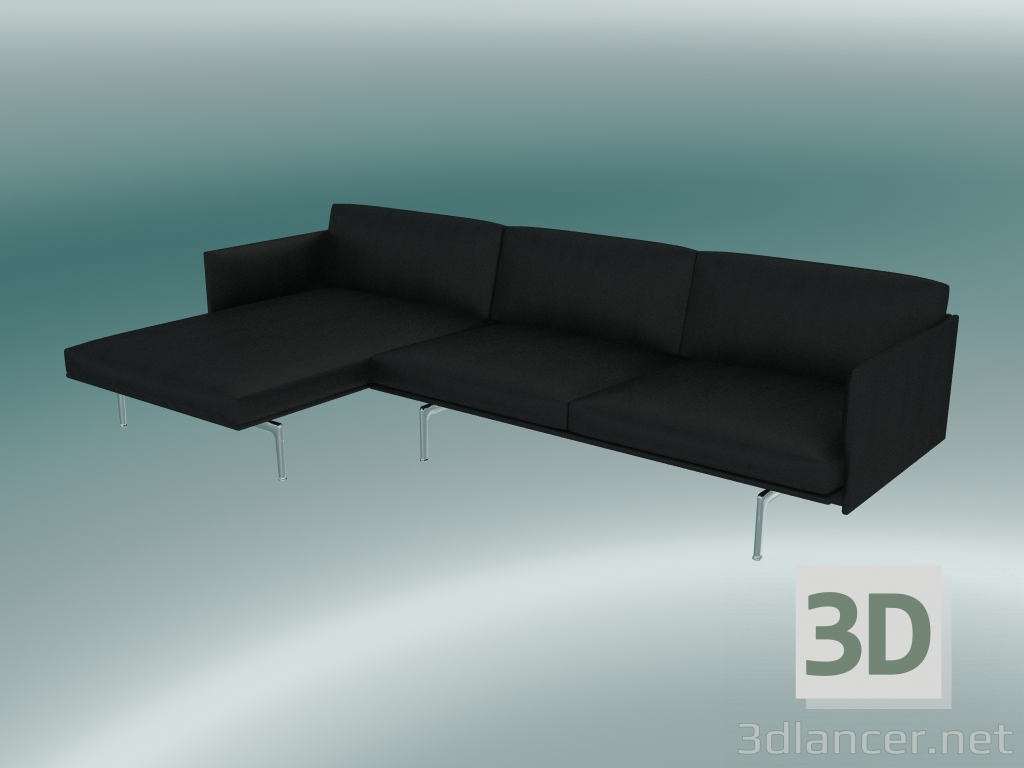 modello 3D Divano con chaise longue muta, sinistra (perfeziona la pelle nera, alluminio lucidato) - anteprima