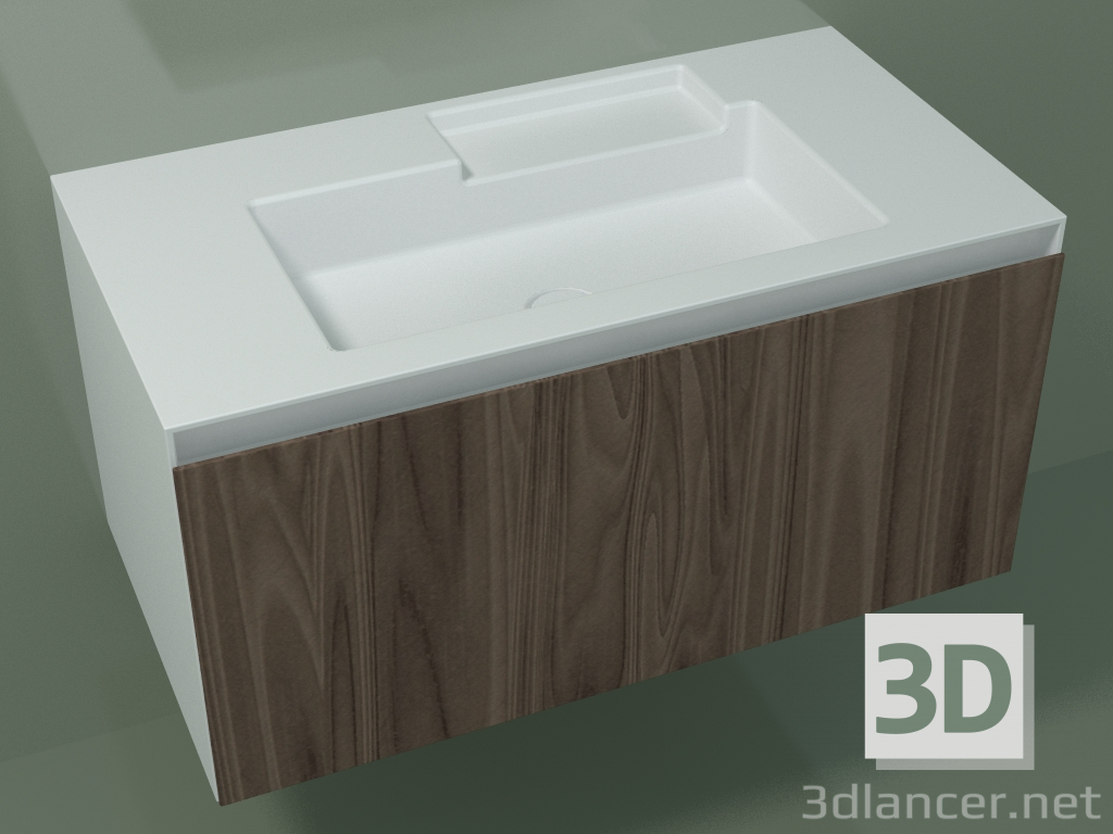3D Modell Waschbecken mit Schublade (L 96, P 50, H 48 cm, Noce Canaletto O07) - Vorschau