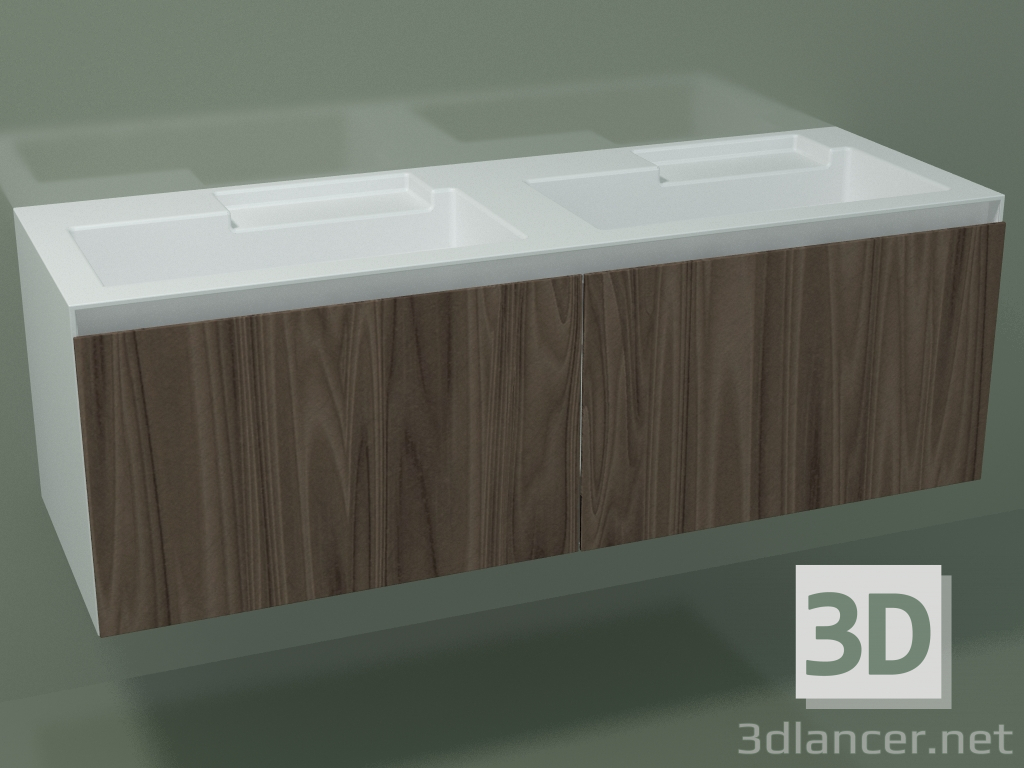 modello 3D Lavabo doppio con cassetti (L 144, P 50, H 48 cm, Noce Canaletto O07) - anteprima