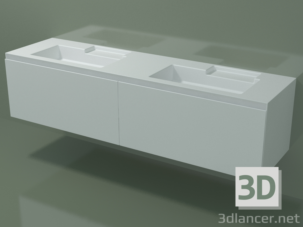 modello 3D Doppio lavabo con cassetti (L 192, P 50, H 48 cm) - anteprima