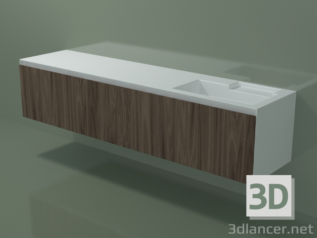 3D Modell Waschbecken mit Schubladen (dx, L 216, P 50, H 48 cm, Noce Canaletto O07) - Vorschau