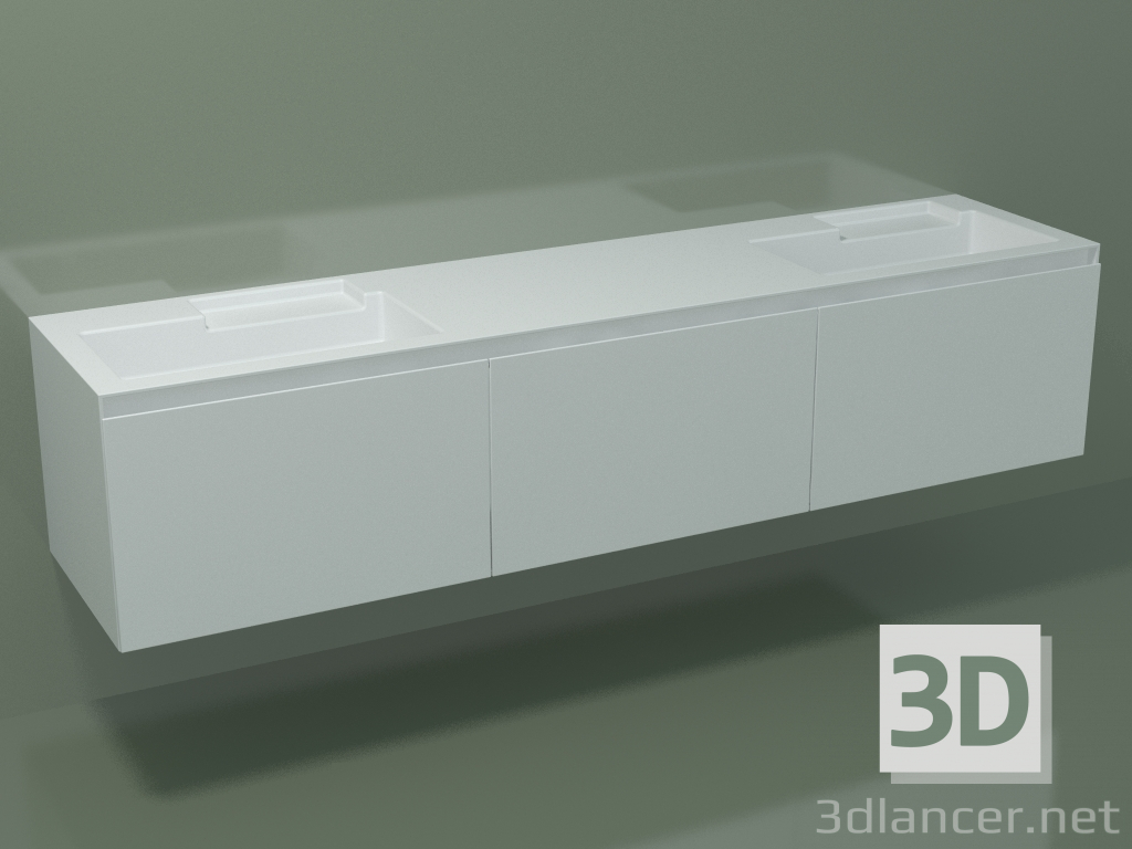 modello 3D Lavabo doppio con cassetti (L 216, P 50, H 48 cm) - anteprima