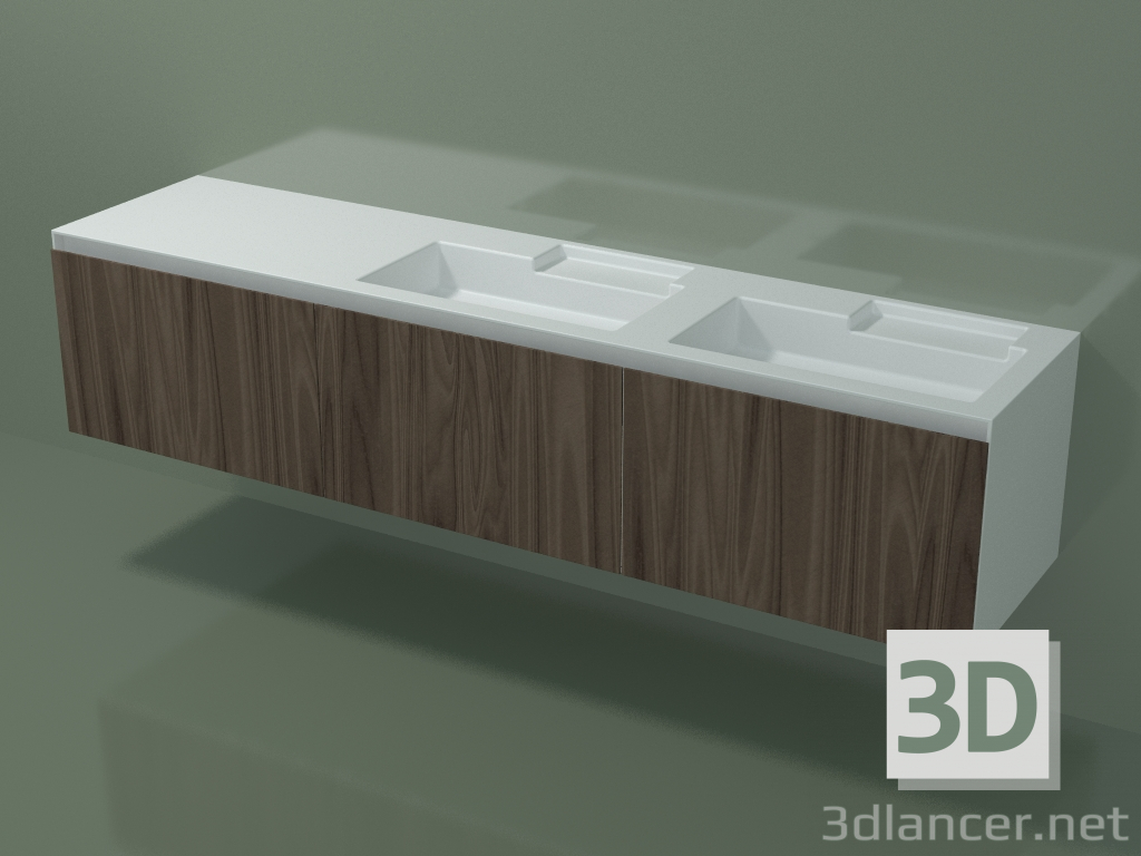 modèle 3D Lavabo double avec tiroirs (dx, L 216, P 50, H 48 cm, Noce Canaletto O07) - preview