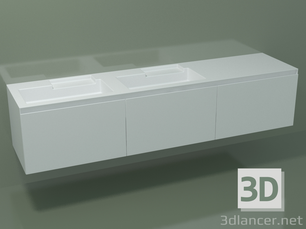 modello 3D Doppio lavabo con cassetti (sx, L 216, P 50, H 48 cm) - anteprima