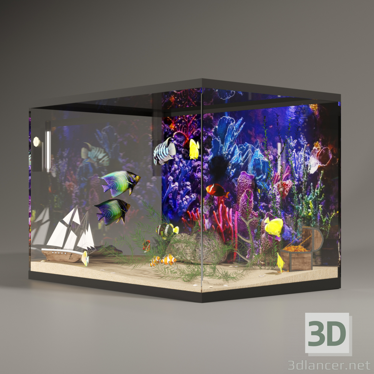 3d Aquarium with fish model buy - render