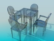 Mesa de comedor de cristal y cuatro sillas