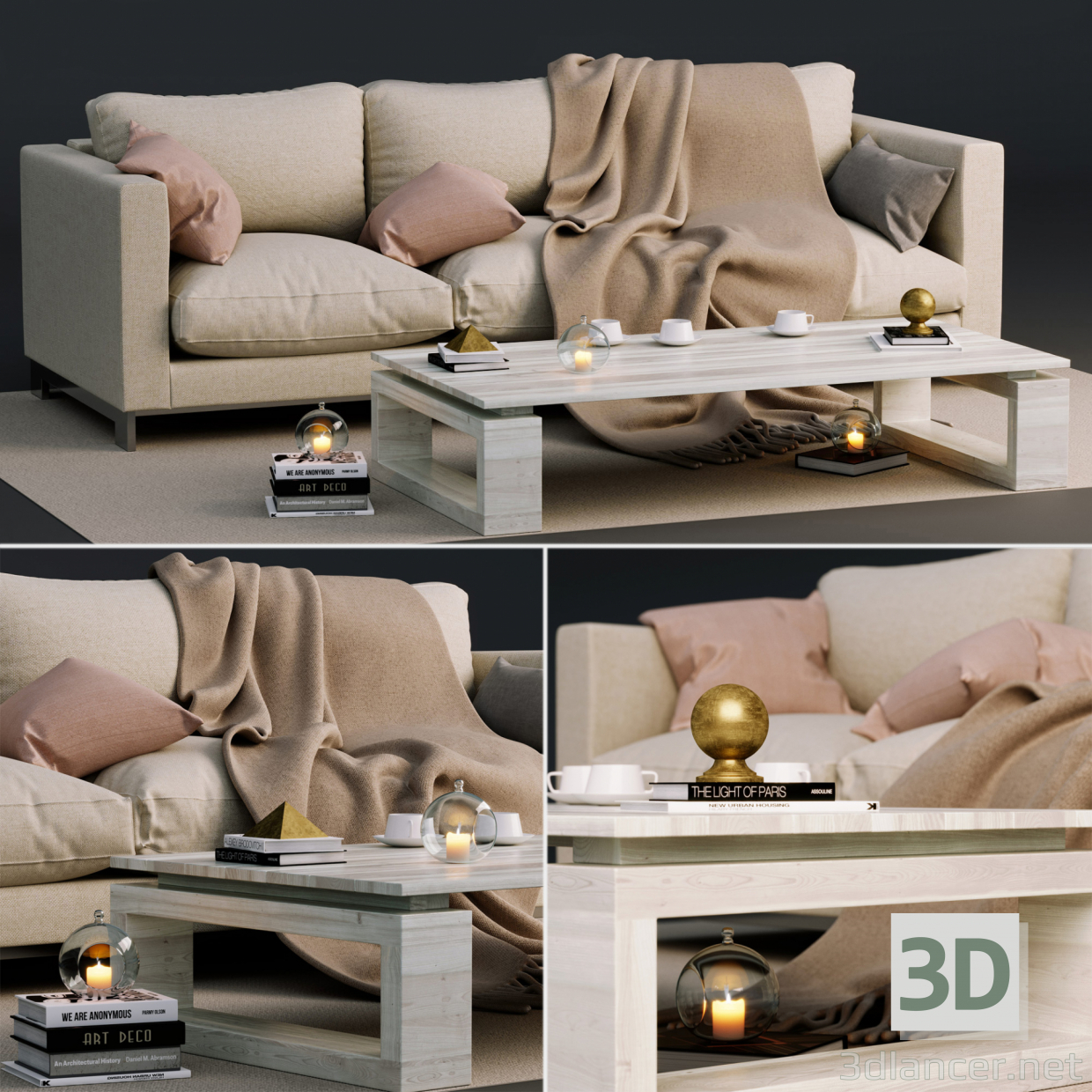 Sofa Molteni & C Rück- und Couchtisch mit Dekor 3D-Modell kaufen - Rendern