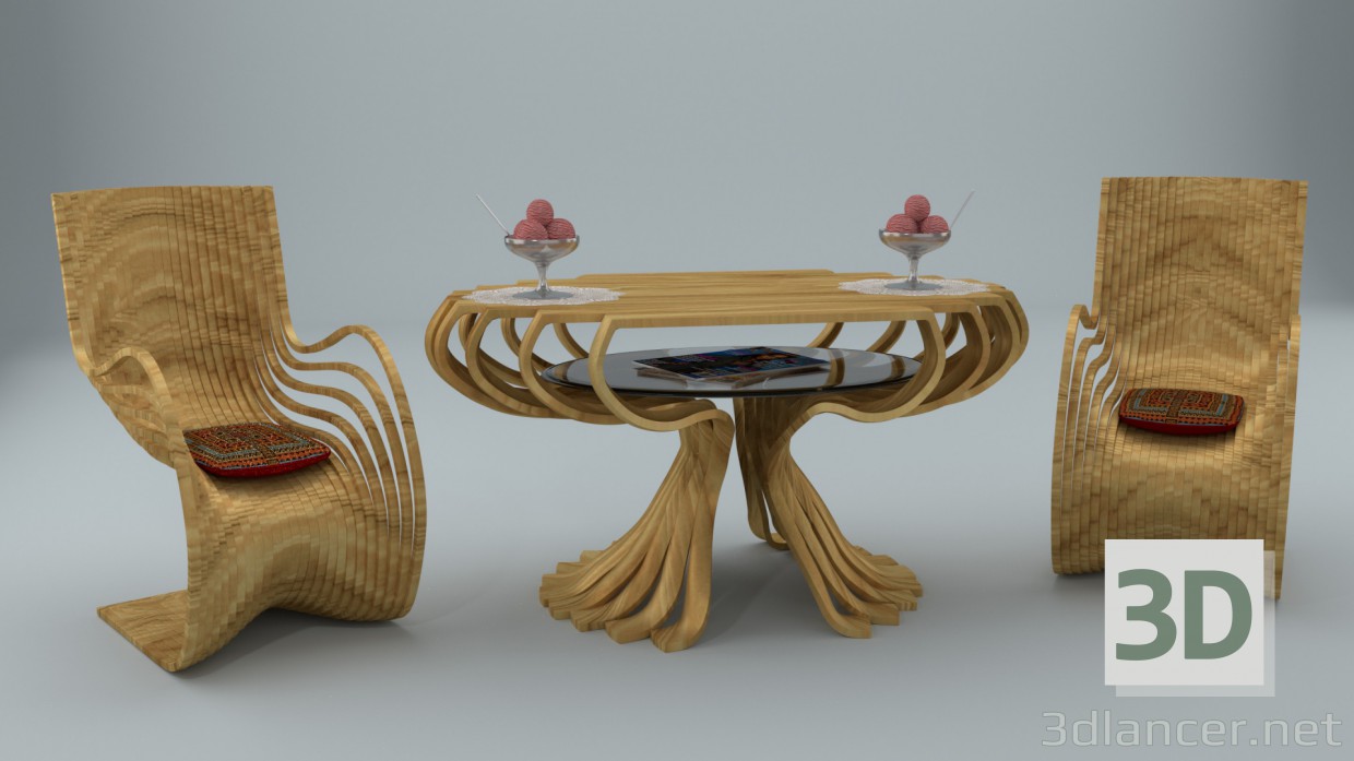 modèle 3D table basse et chaises - preview
