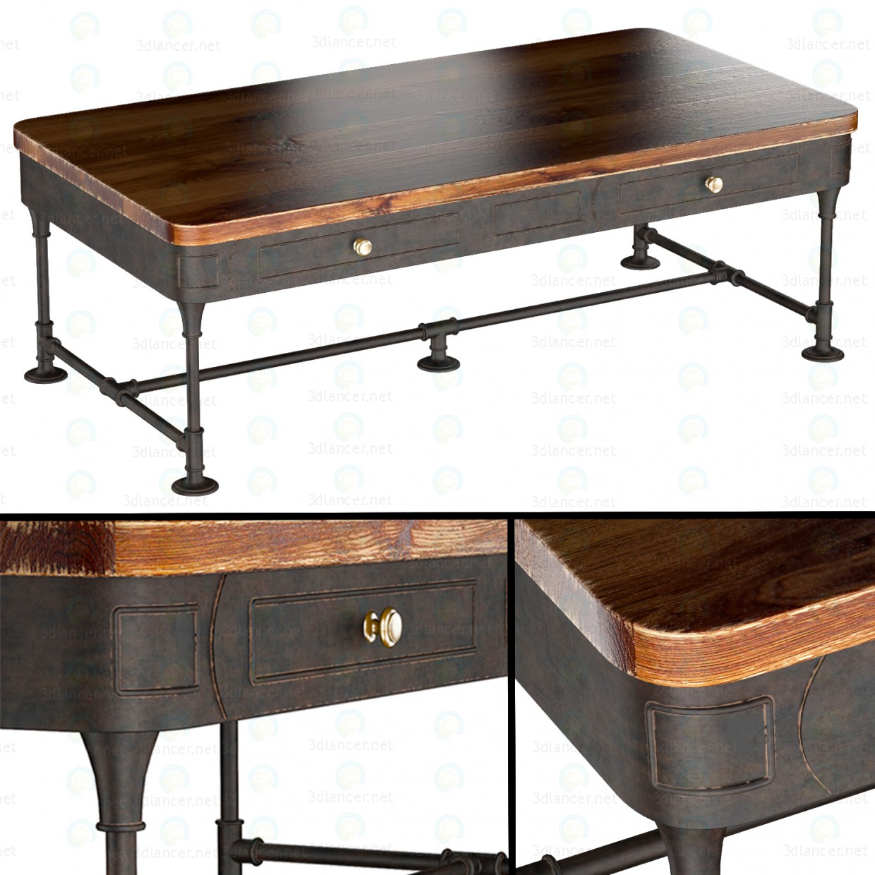 Modelo 3d La mesa de centro madera poste rústico hierro Mango 2 cajones |  11805 