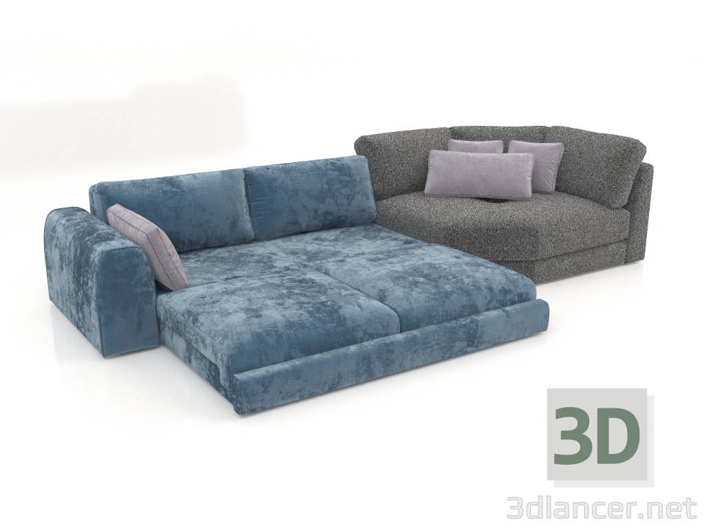 modello 3D Divano letto ISLAND con chaise longue (aperto) - anteprima