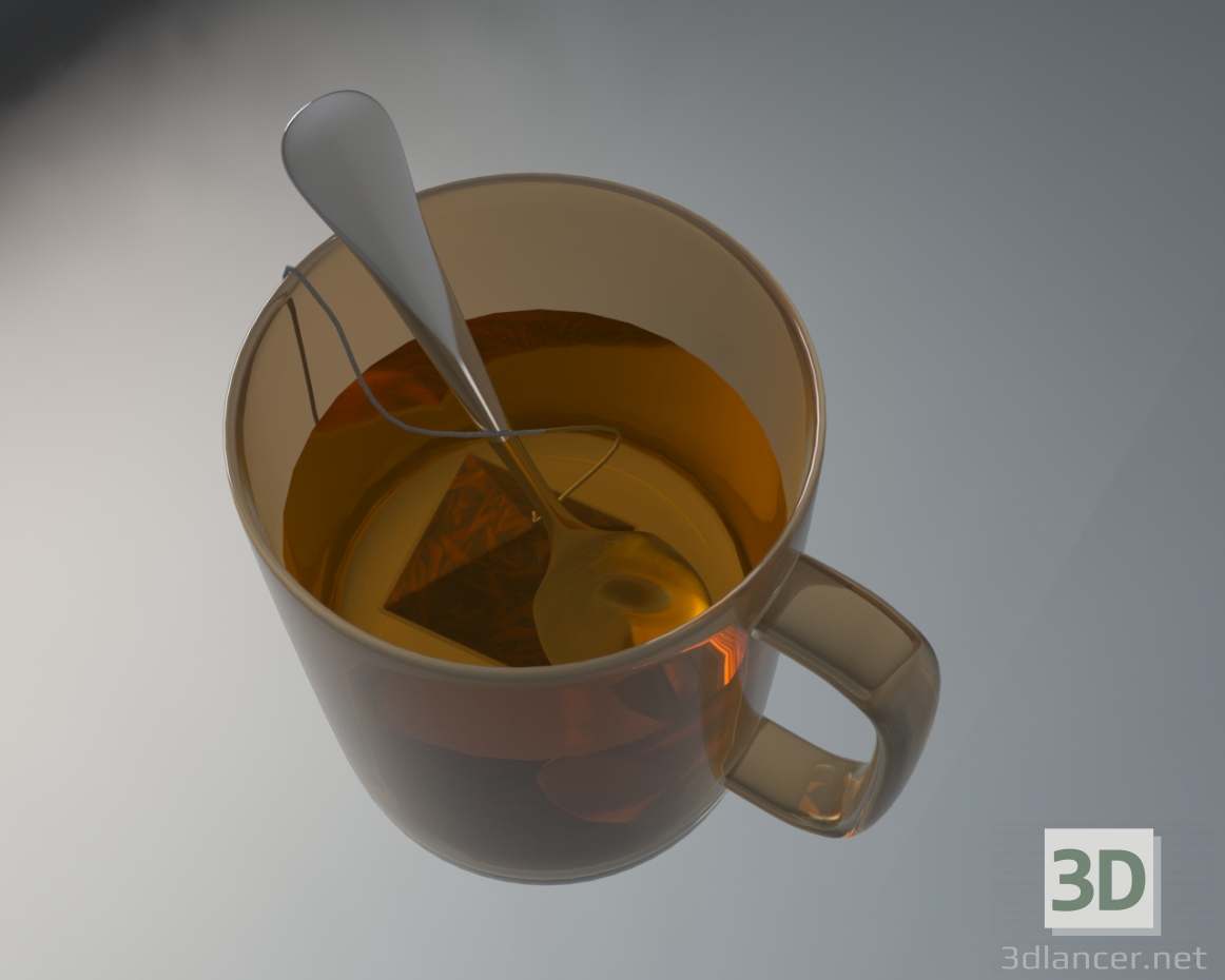 3d Glass with tea, tea bag and spoon. model buy - render