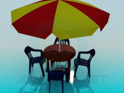Sombrilla, mesa de plástico y sillas para cafetería
