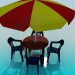 modèle 3D Parasol, table en plastique et chaises pour café - preview