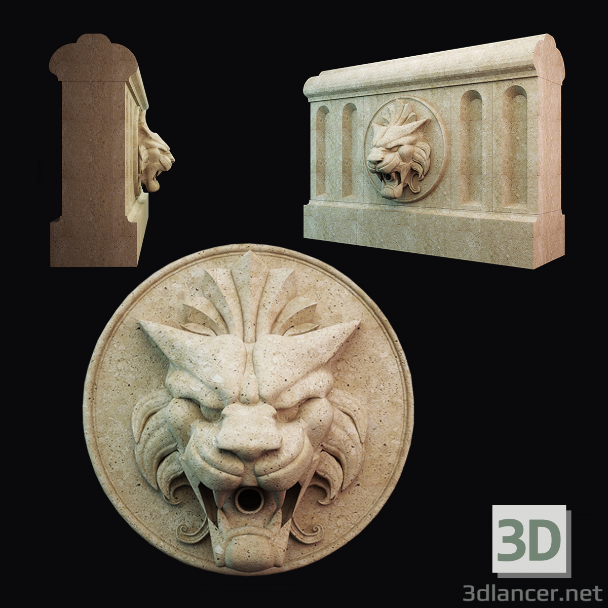 modèle 3D de Tête de lion sur bas-relief acheter - rendu