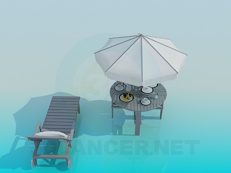 3d model Tumbona, mesa de playa con sombrilla - vista previa