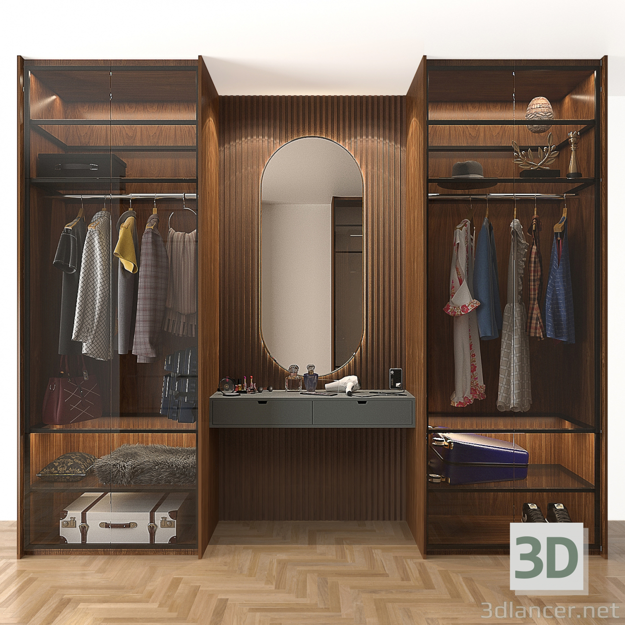 3d Шкаф со стеклом, одеждой и аксессуарами модель купить - ракурс