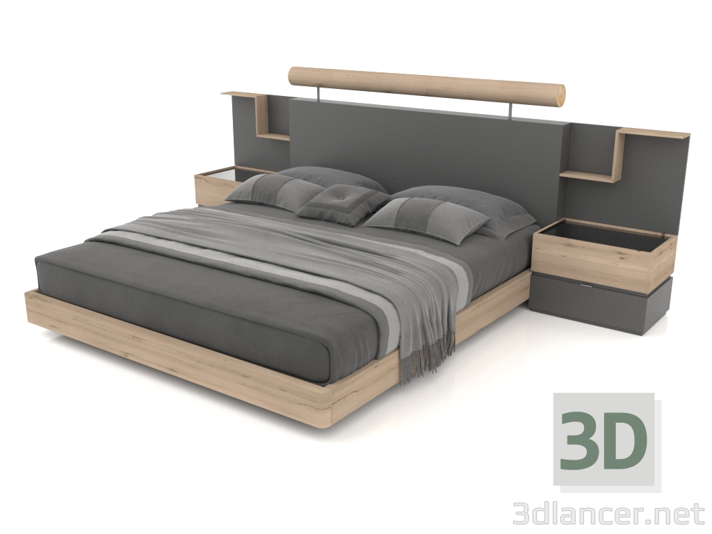 3 डी मॉडल बेड कफ़र्ट क्लास 180x200 और 2 बेडसाइड टेबल टॉप (ओक-ग्रेफाइट) का सेट - पूर्वावलोकन