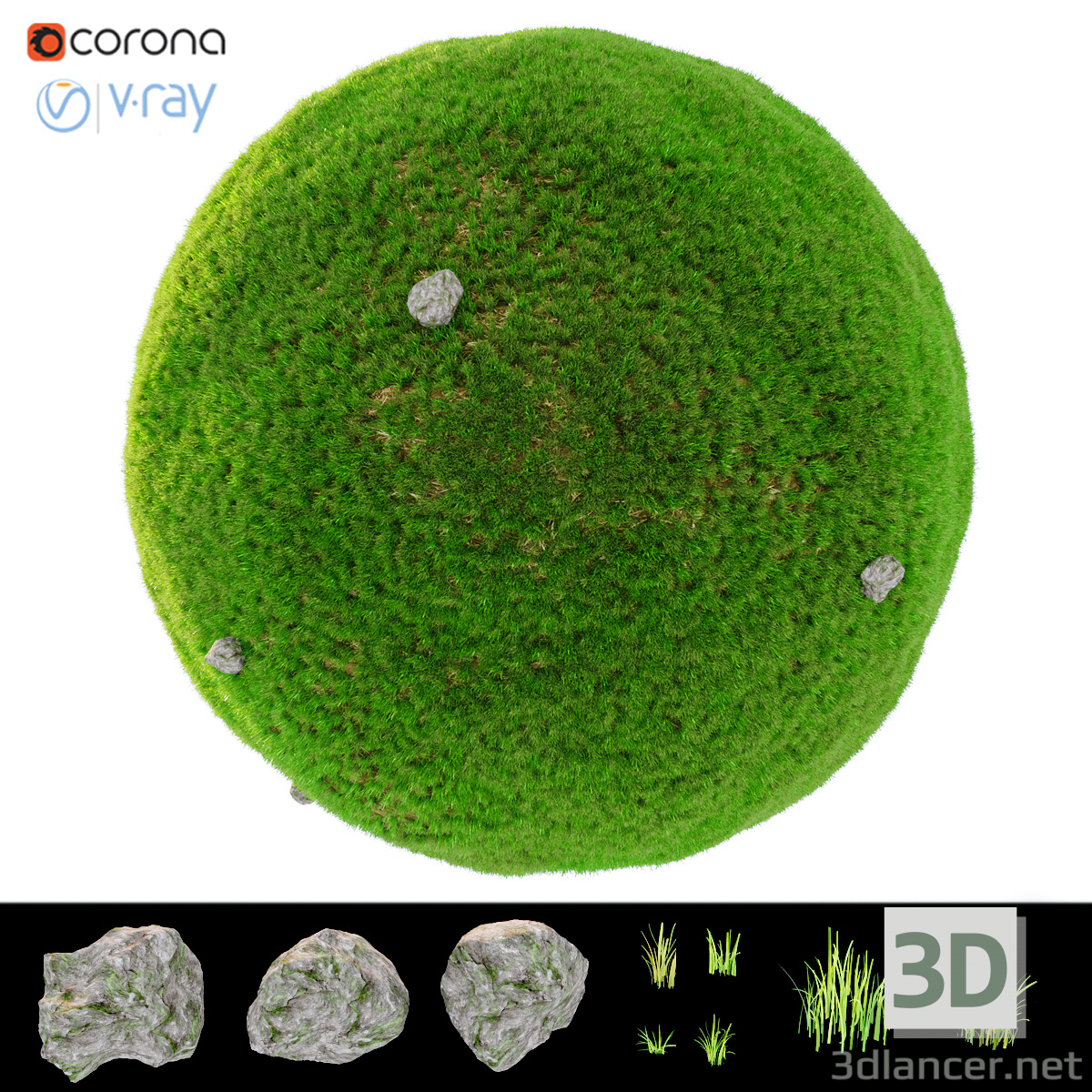 3D Taşlarla basit alçak çimen modeli satın - render