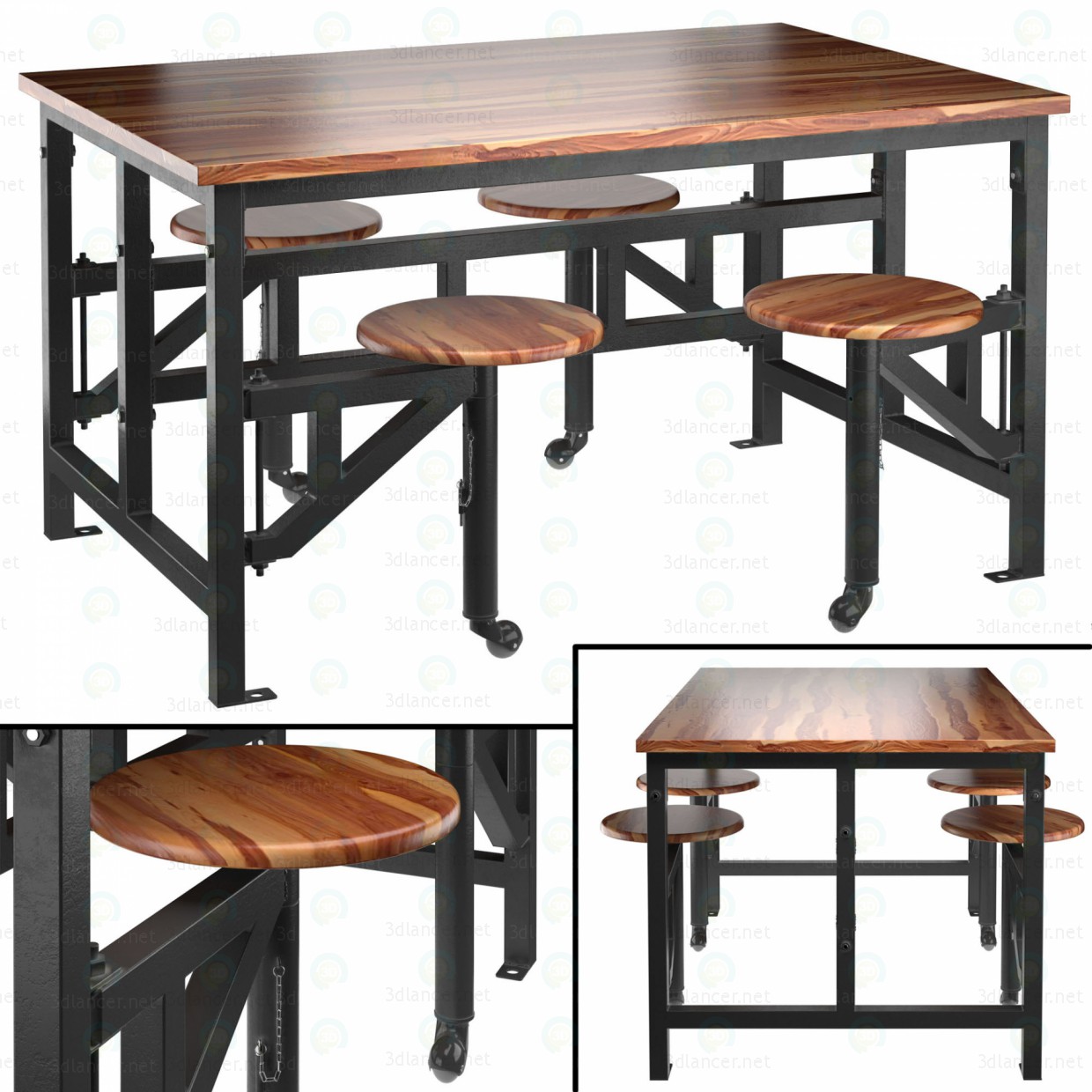 modèle 3D de Table en bois avec tabourets de bar acheter - rendu