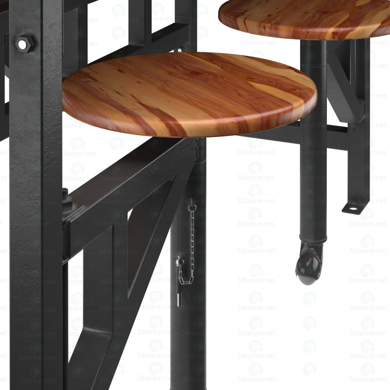 3d Wooden table with bar stools model buy - render 3d Wooden table with bar stools model buy - render