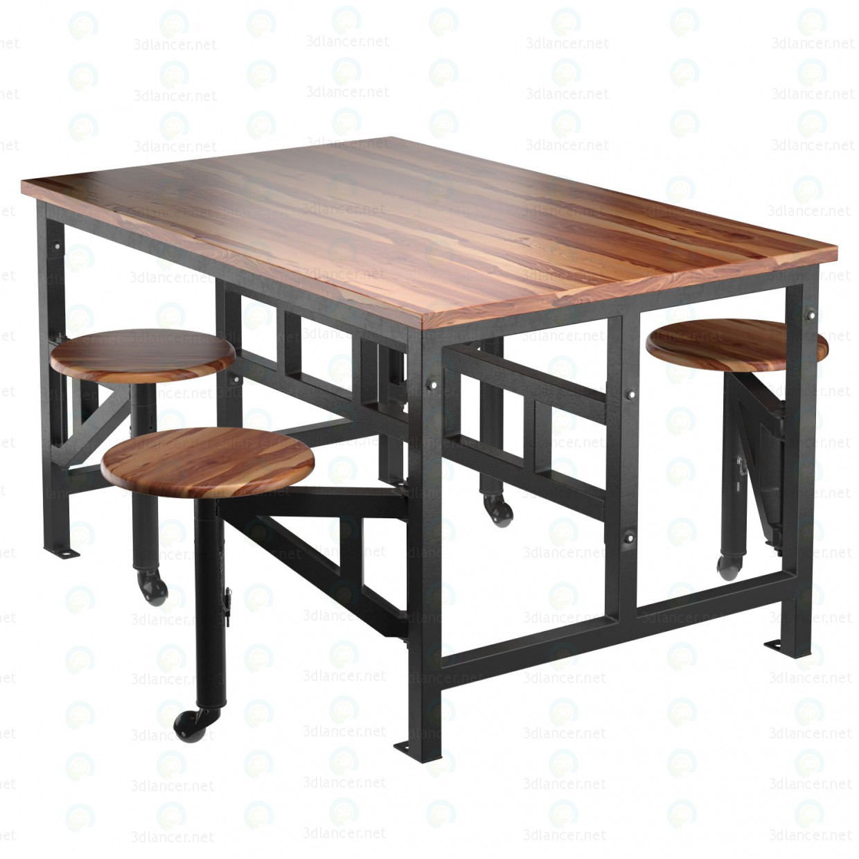 3d Wooden table with bar stools model buy - render 3d Wooden table with bar stools model buy - render