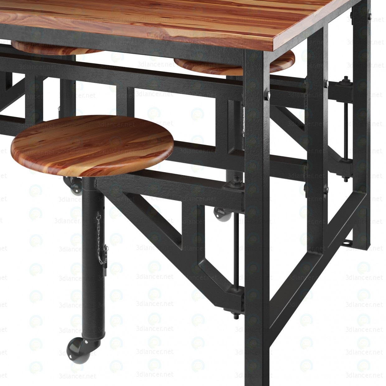 3d Wooden table with bar stools model buy - render 3d Wooden table with bar stools model buy - render