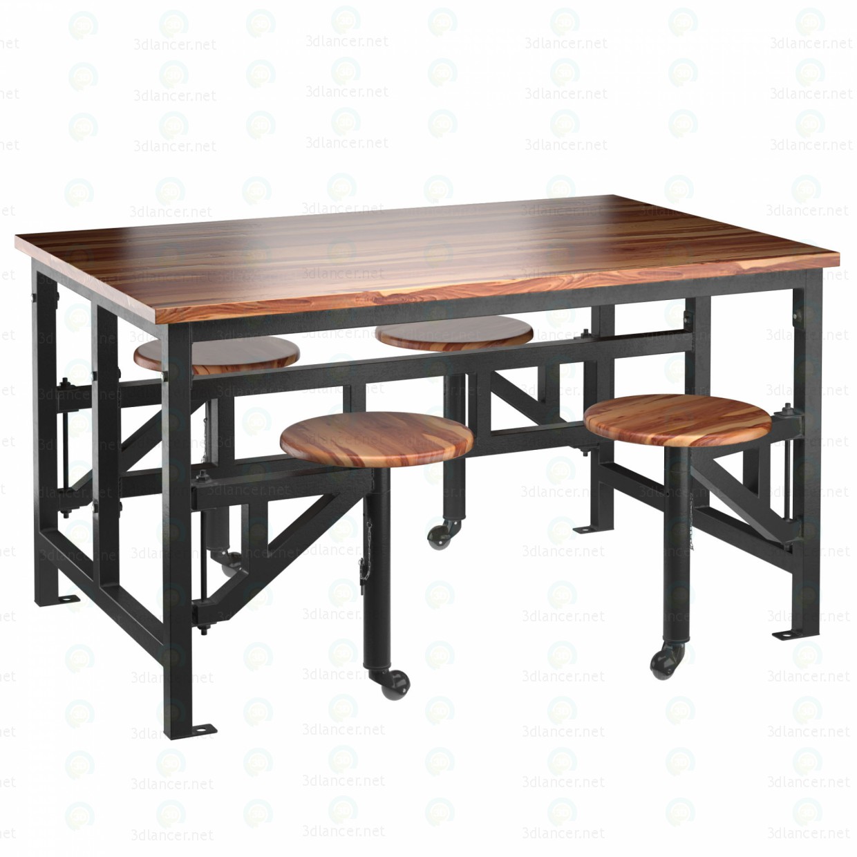 3d Wooden table with bar stools model buy - render 3d Wooden table with bar stools model buy - render