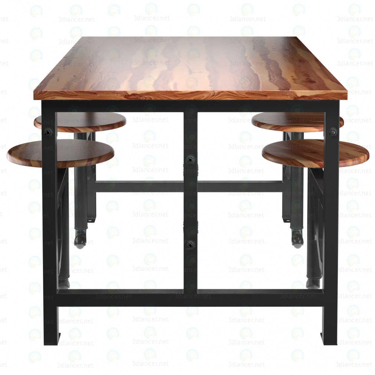 3d Wooden table with bar stools model buy - render 3d Wooden table with bar stools model buy - render