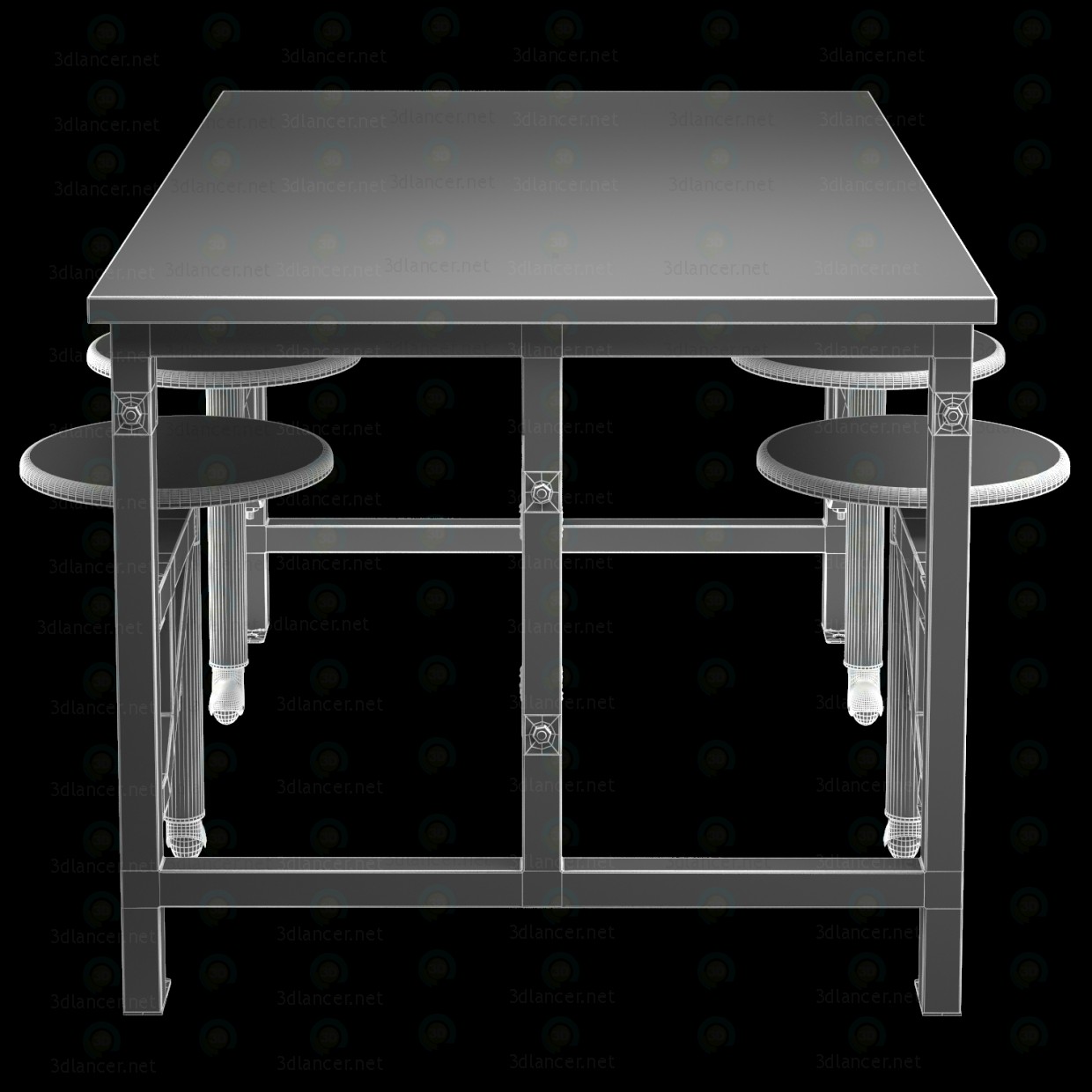 3d Wooden table with bar stools model buy - render 3d Wooden table with bar stools model buy - render