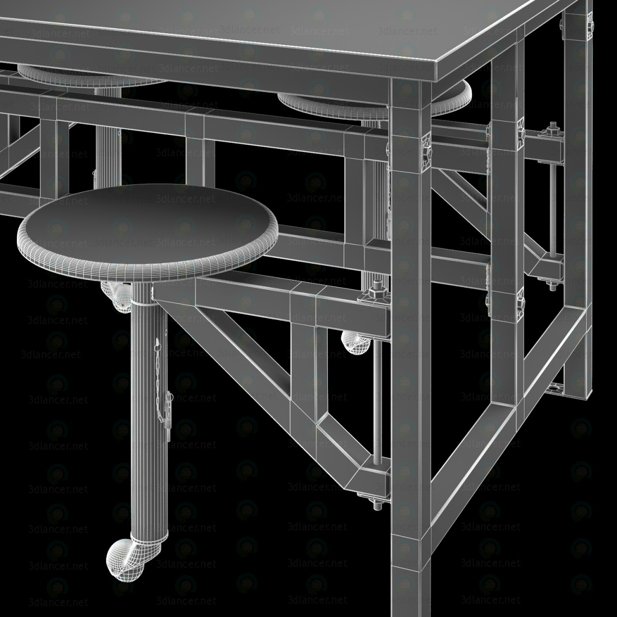 3d Wooden table with bar stools model buy - render 3d Wooden table with bar stools model buy - render