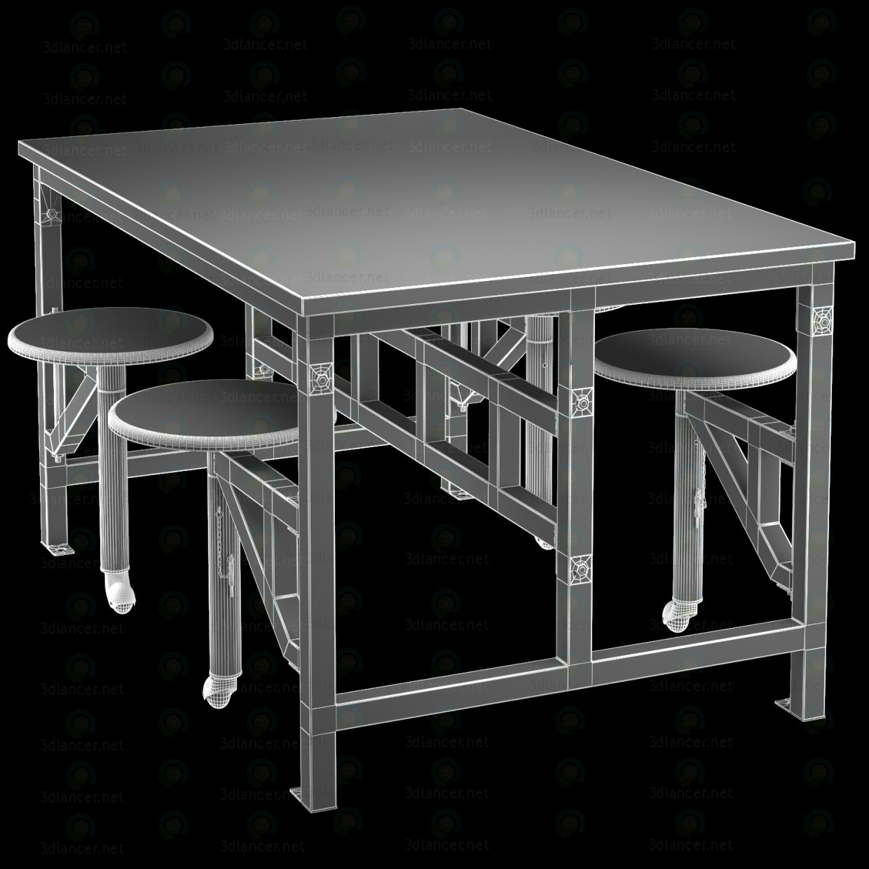 3d Wooden table with bar stools model buy - render 3d Wooden table with bar stools model buy - render