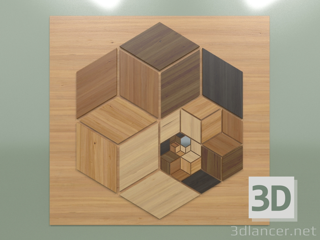 Modelo 3d Cubo 3D de painel de madeira 2 - preview