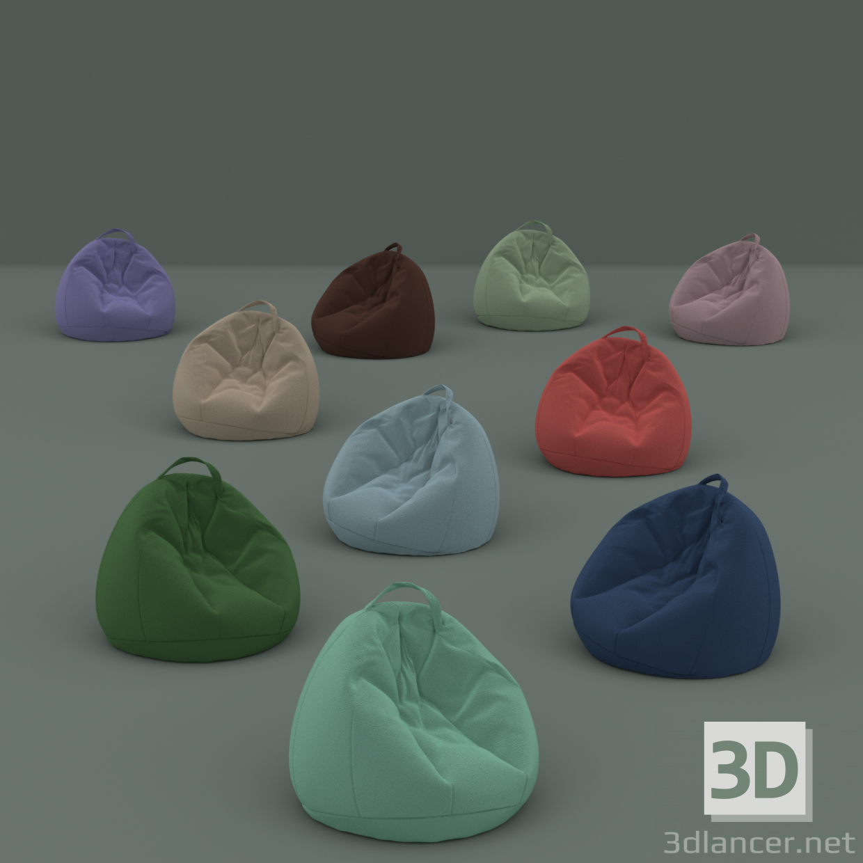 modello 3D di Set di dieci sedie floccato in sacchi di diversi colori comprare - rendering