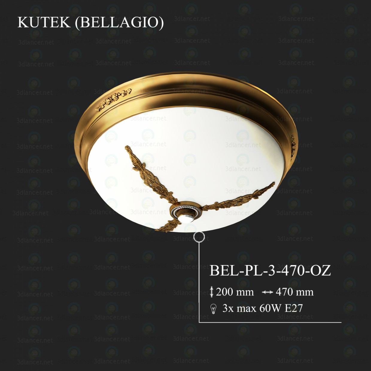 Modelo 3d Plafonera KUTEK BELLAGIO BEL-PL-3-470-OZ - preview