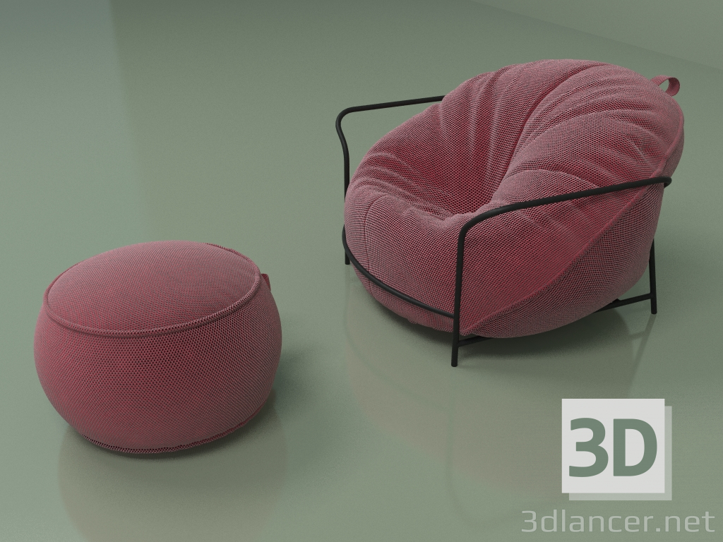 modèle 3D Fauteuil Uni avec pouf (rouge) - preview